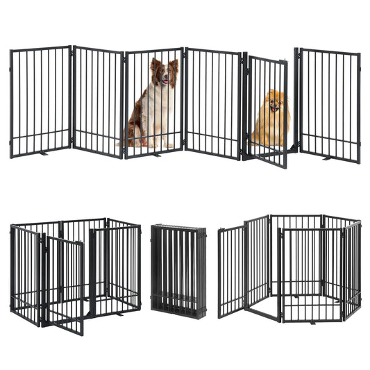 HIDOG Freestanding Dog Gate with Door 121"W x 31"H Pet Gate Indoor Metal Dog Fence Folding Dog Gate with 3PCS Feet No-Assembly Freestanding Pet Barrier for Stairs Doorways Halls Kitchen Black - Gleeful Tails