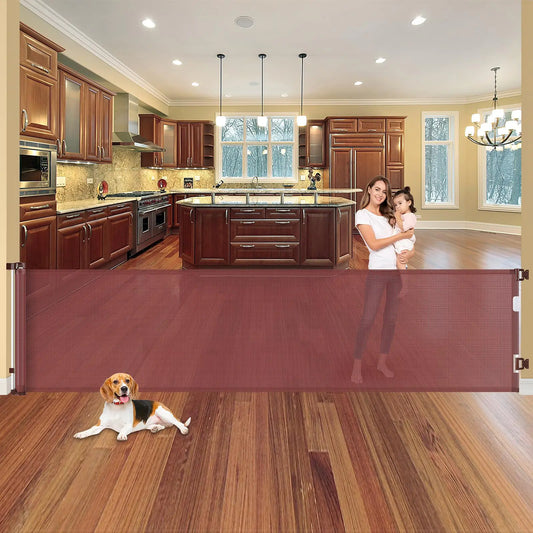 110 Inch Retractable Baby Gates Extra Wide Dog Gate for Large Openings Indoor Retractable Dog Gate Outdoor Retractable Gate Extra Long Baby Gate for Doorways Large Dog Gate for Stairs Deck Gate Brown - Gleeful Tails